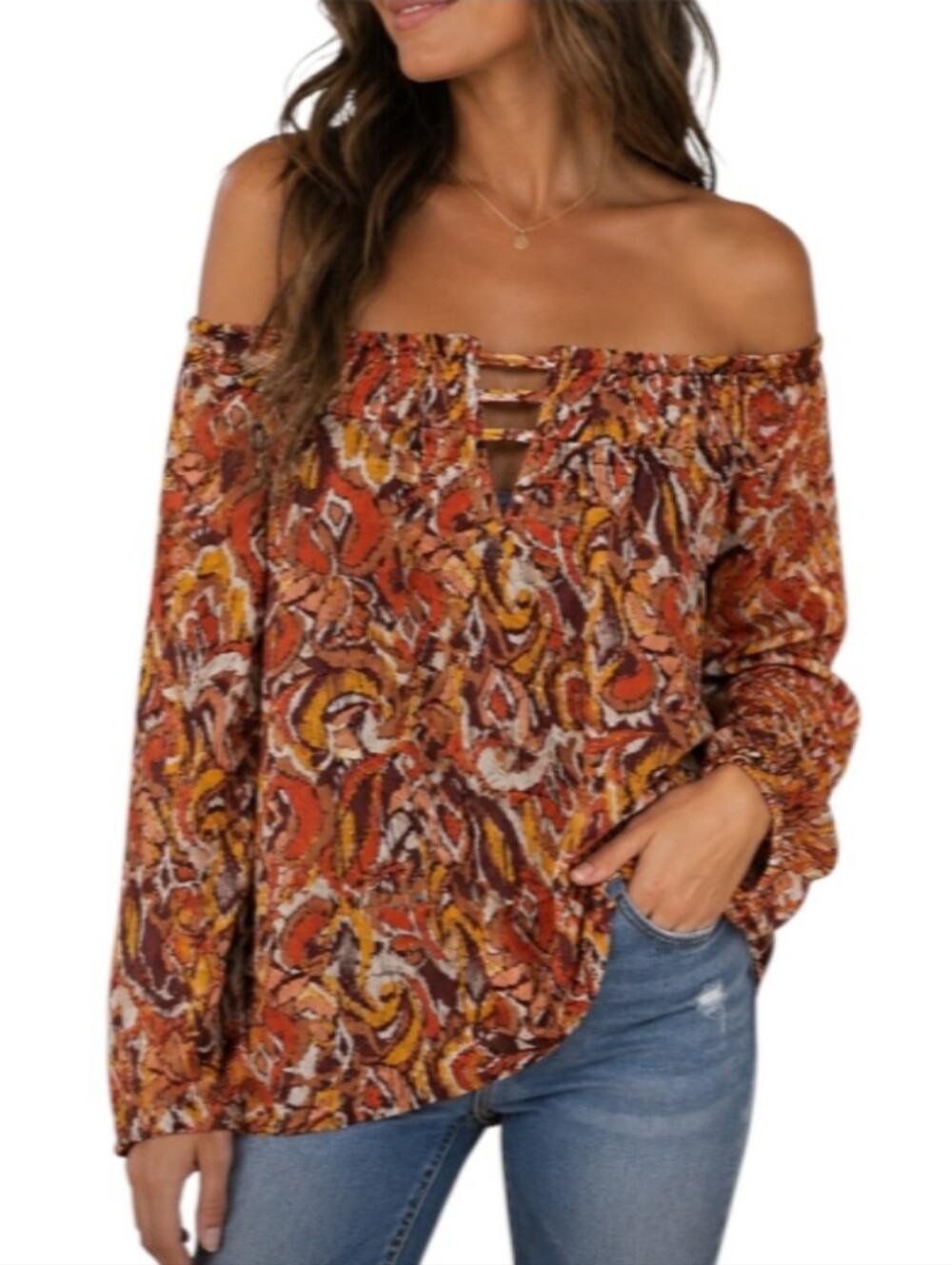 Buckle Black Off-Shoulder Multi-Print Blouse in Rust and Mustard-NWT